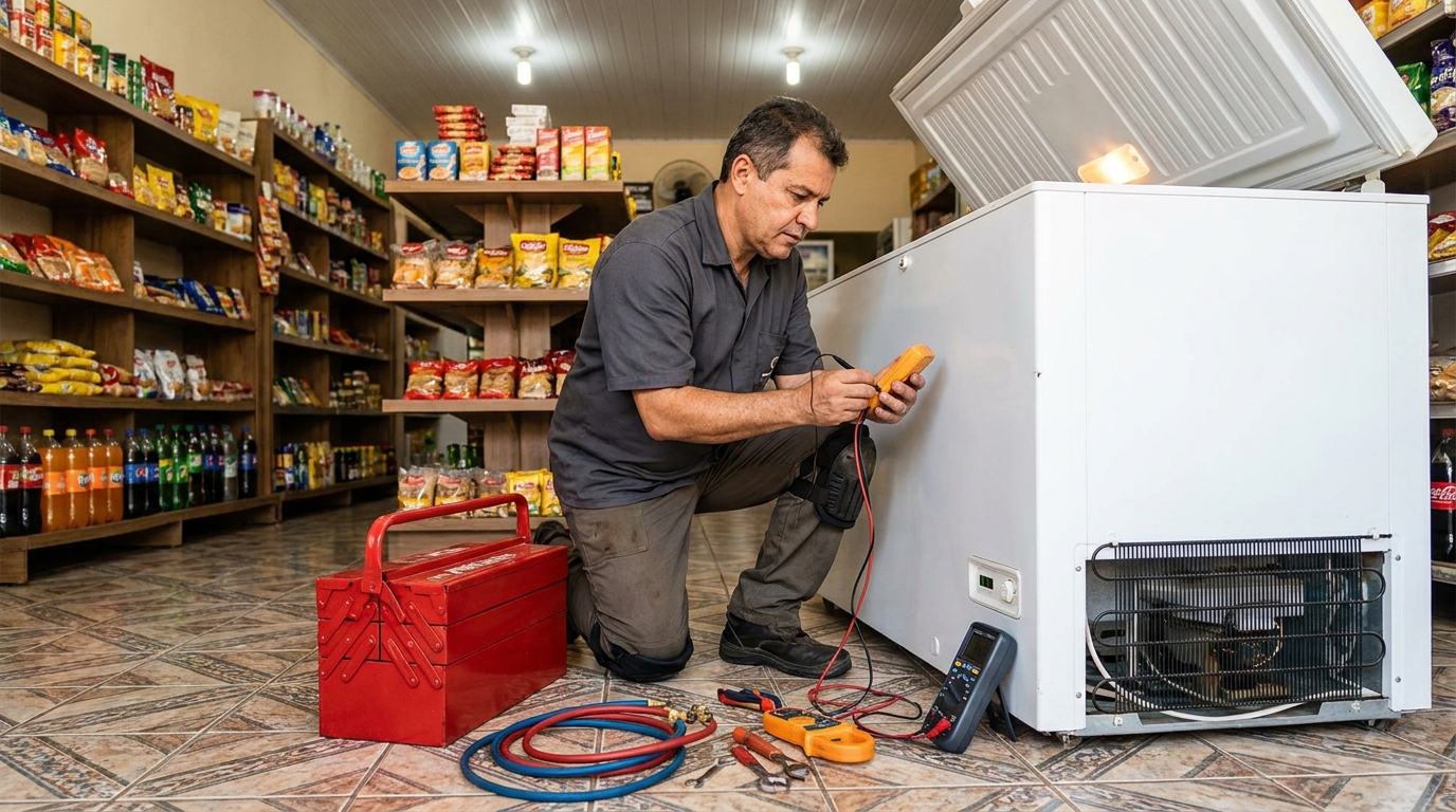 Recarga de gás refrigerante no freezer durante atendimento em Volta Redonda‑RJ